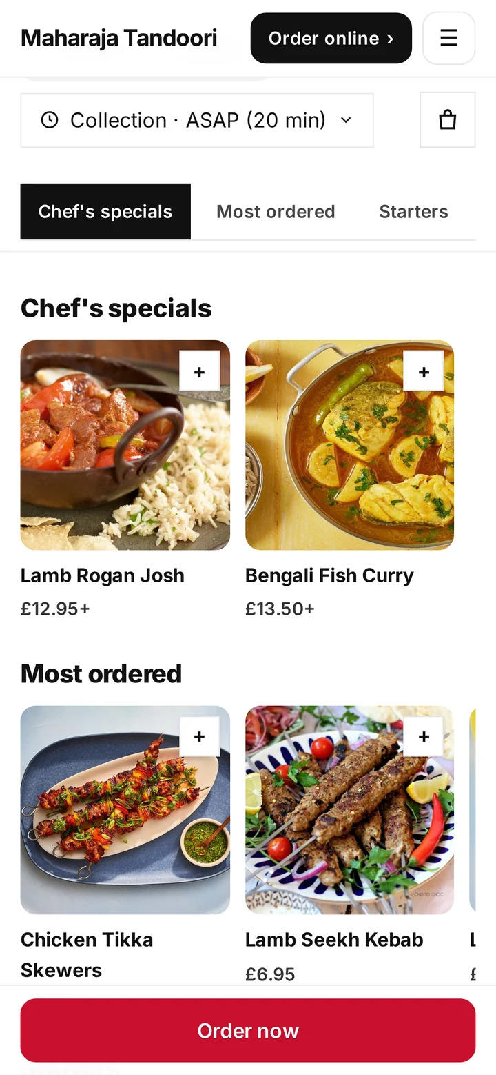 Chefzi-Bestellseite auf dem Smartphone: Speisekarte mit Preisen (Demo-Daten)